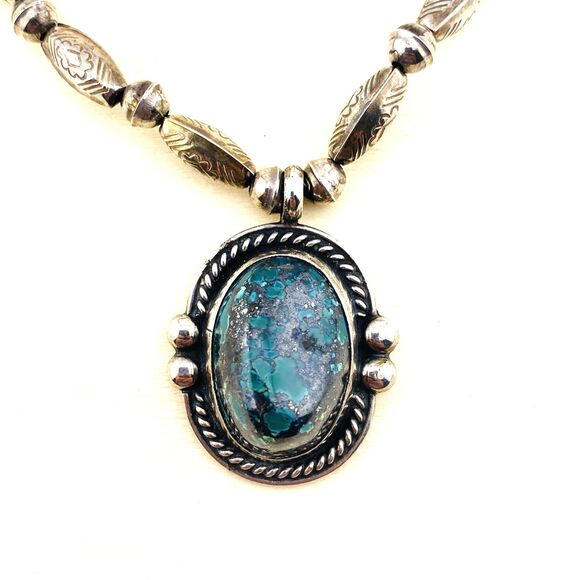 Hand Crafted Sterling Silver Pendant Necklace Large Turquoise Cab 17 In Tribal - Picture 12 of 12